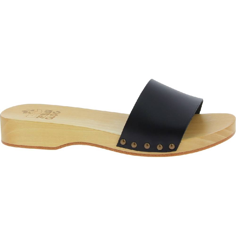 Lartigiano Del Cuoio Zoccoli in legno artigianali da uomo con fascia in pelle nera Saldi Di Fabbrica