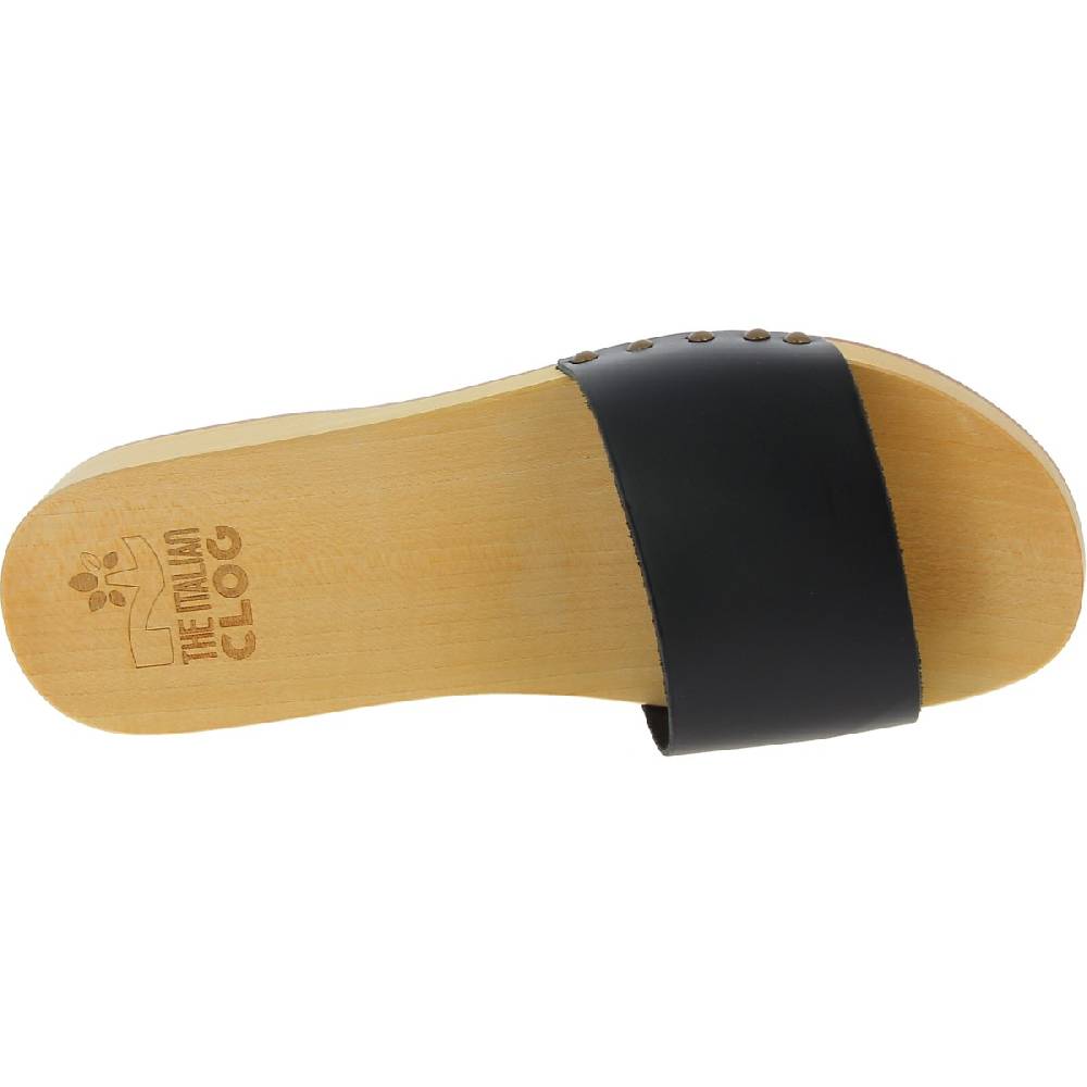 Lartigiano Del Cuoio Zoccoli in legno artigianali da uomo con fascia in pelle nera Saldi Di Fabbrica