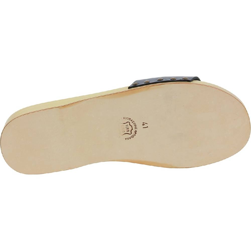Lartigiano Del Cuoio Zoccoli in legno artigianali da uomo con fascia in pelle nera Saldi Di Fabbrica