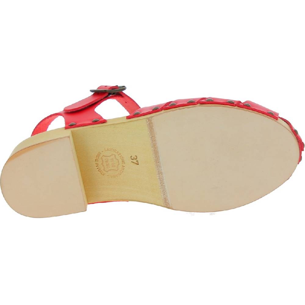 Lartigiano Del Cuoio Zoccoli da donna in legno artigianali con tomaia a gabbia in pelle rossa Qualità
