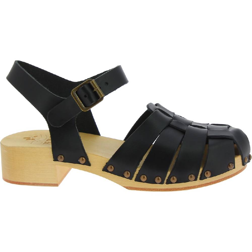 Lartigiano Del Cuoio Zoccoli in legno artigianali da donna con tomaia a gabbia in pelle nera In Vendita