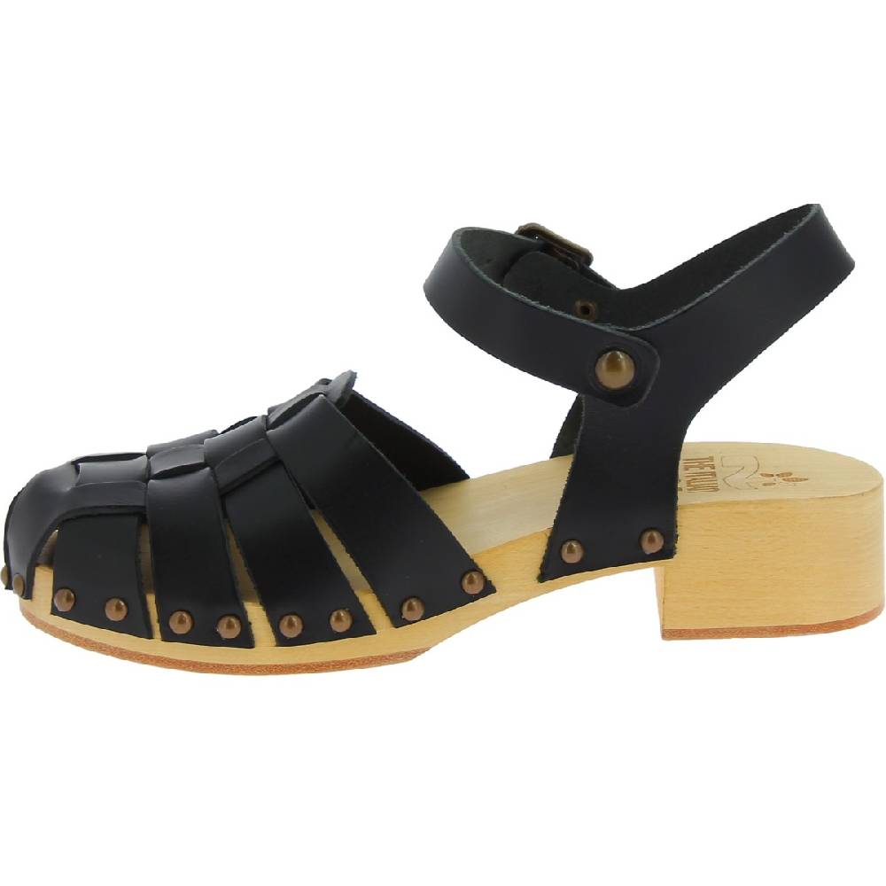 Lartigiano Del Cuoio Zoccoli in legno artigianali da donna con tomaia a gabbia in pelle nera In Vendita