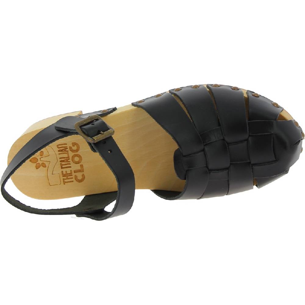 Lartigiano Del Cuoio Zoccoli in legno artigianali da donna con tomaia a gabbia in pelle nera In Vendita