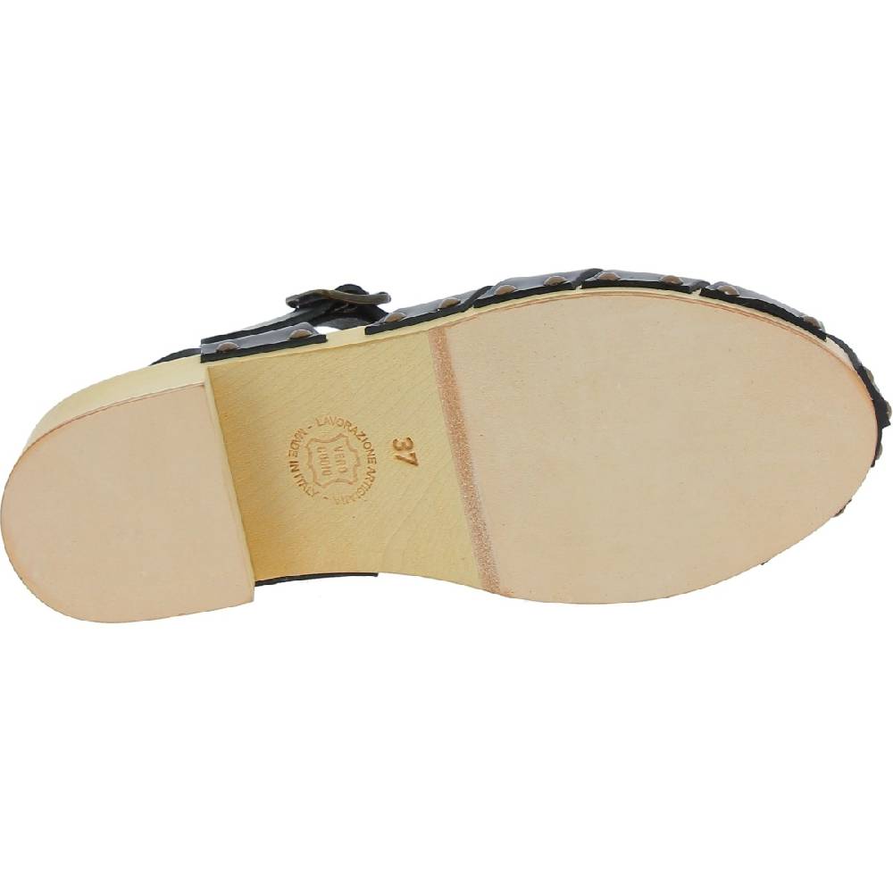 Lartigiano Del Cuoio Zoccoli in legno artigianali da donna con tomaia a gabbia in pelle nera In Vendita