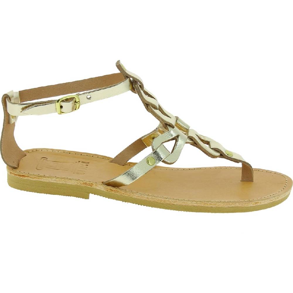 Lartigiano Del Cuoio Sandali infradito da donna con lacci incrociati fatti a mano in pelle di vitello laminata oro Offerte