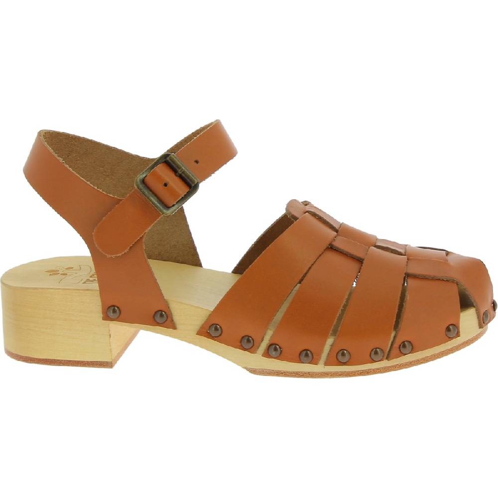 Lartigiano Del Cuoio Zoccoli donna in legno artigianali con tomaia a gabbia in pelle color cuoio Moda