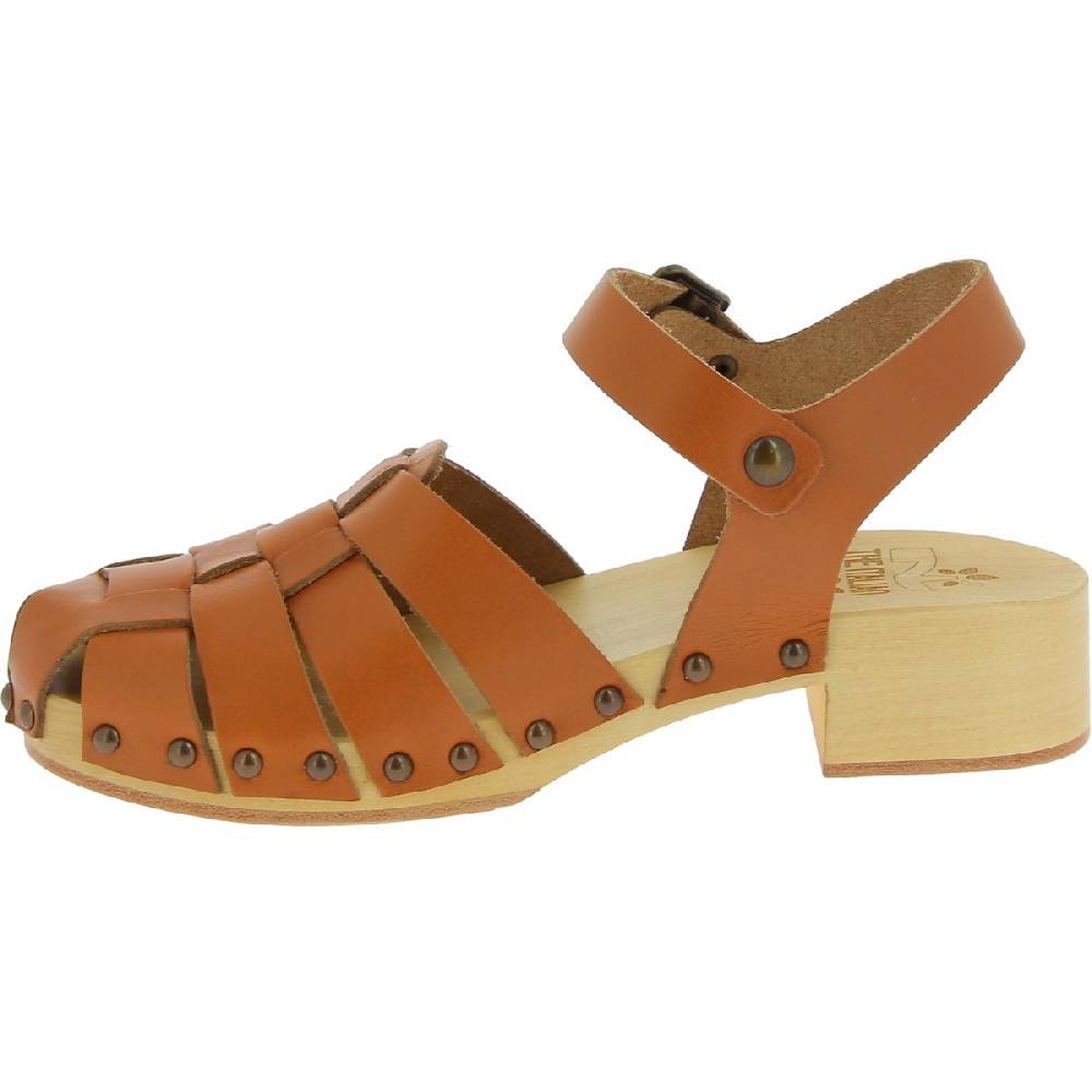 Lartigiano Del Cuoio Zoccoli donna in legno artigianali con tomaia a gabbia in pelle color cuoio Moda