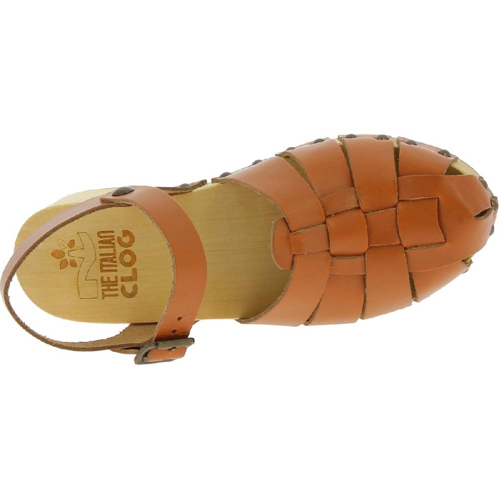 Lartigiano Del Cuoio Zoccoli donna in legno artigianali con tomaia a gabbia in pelle color cuoio Moda