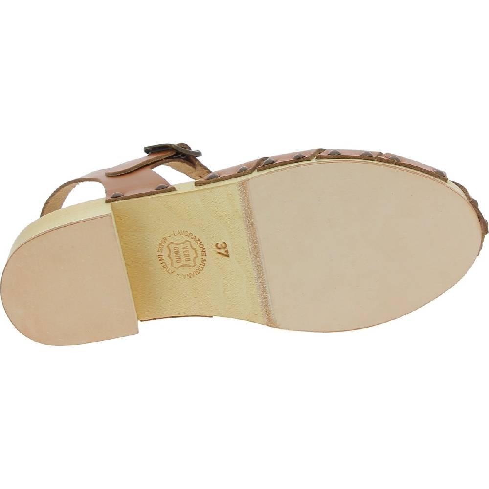 Lartigiano Del Cuoio Zoccoli donna in legno artigianali con tomaia a gabbia in pelle color cuoio Moda