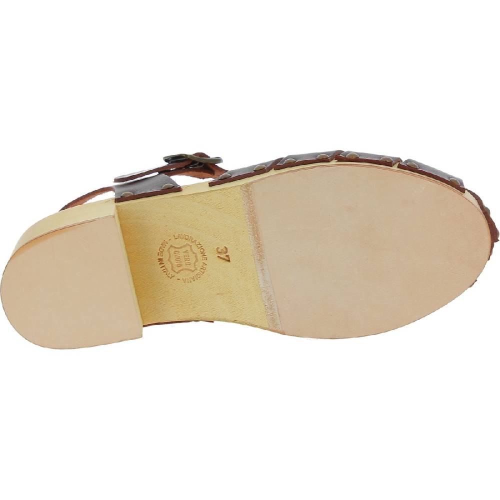 Lartigiano Del Cuoio Zoccoli donna artigianali in legno con tomaia a gabbia in pelle testa di moro Nuovo