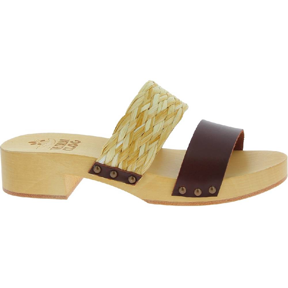 Lartigiano Del Cuoio Sabot in legno da donna artigianali con fascia in rafia e pelle testa di moro Negozi Online