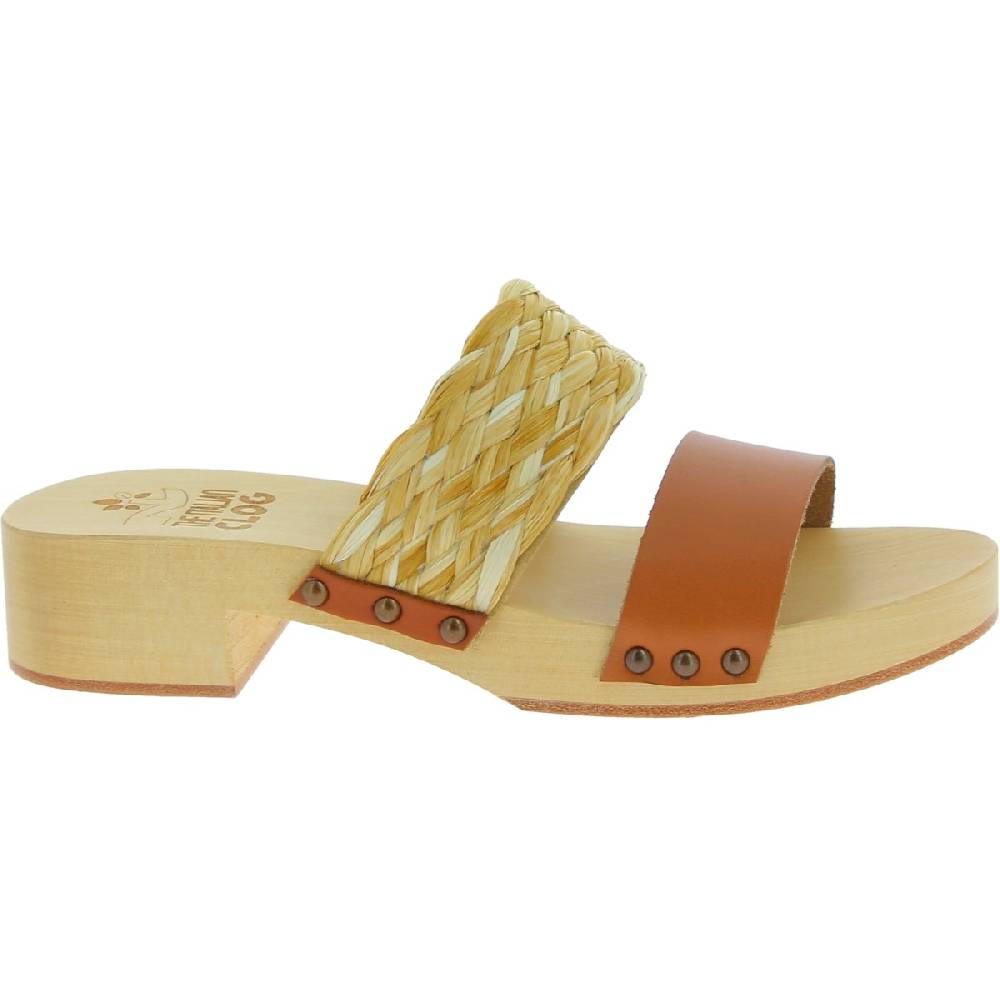 Lartigiano Del Cuoio Sabot in legno da donna artigianali con fascia in rafia e pelle color cuoio Sottocosto