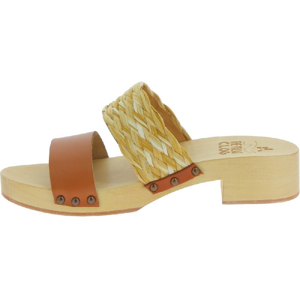 Lartigiano Del Cuoio Sabot in legno da donna artigianali con fascia in rafia e pelle color cuoio Sottocosto