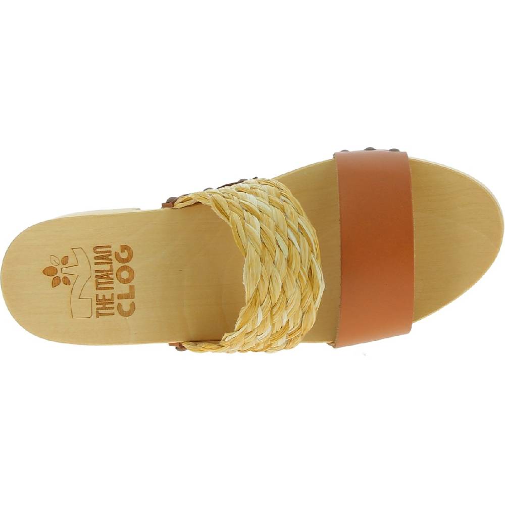 Lartigiano Del Cuoio Sabot in legno da donna artigianali con fascia in rafia e pelle color cuoio Sottocosto