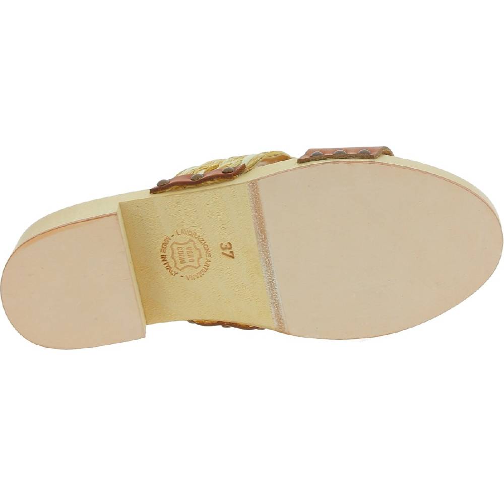 Lartigiano Del Cuoio Sabot in legno da donna artigianali con fascia in rafia e pelle color cuoio Sottocosto