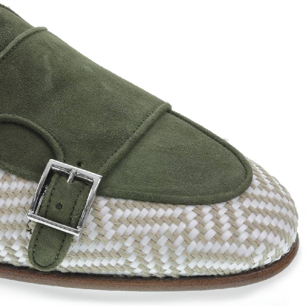 Lartigiano Del Cuoio Mocassino doppia fibbia in camoscio verde e tessuto intrecciato - Fratelli Borgioli Qualità