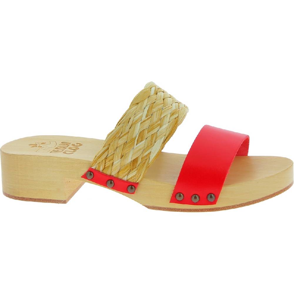 Lartigiano Del Cuoio Sabot in legno da donna artigianali con fascia in rafia e pelle rossa Offerta