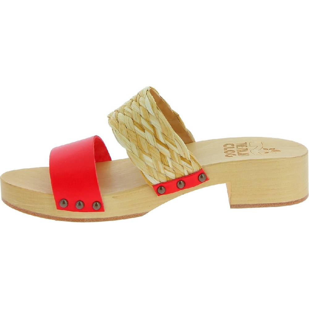 Lartigiano Del Cuoio Sabot in legno da donna artigianali con fascia in rafia e pelle rossa Offerta