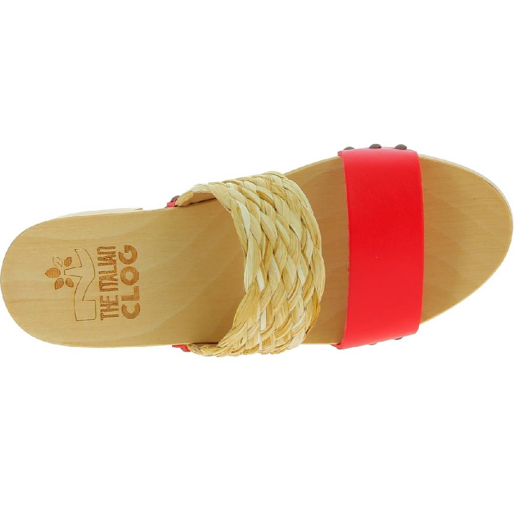 Lartigiano Del Cuoio Sabot in legno da donna artigianali con fascia in rafia e pelle rossa Offerta
