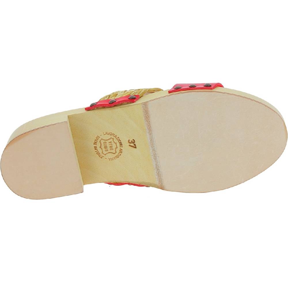 Lartigiano Del Cuoio Sabot in legno da donna artigianali con fascia in rafia e pelle rossa Offerta