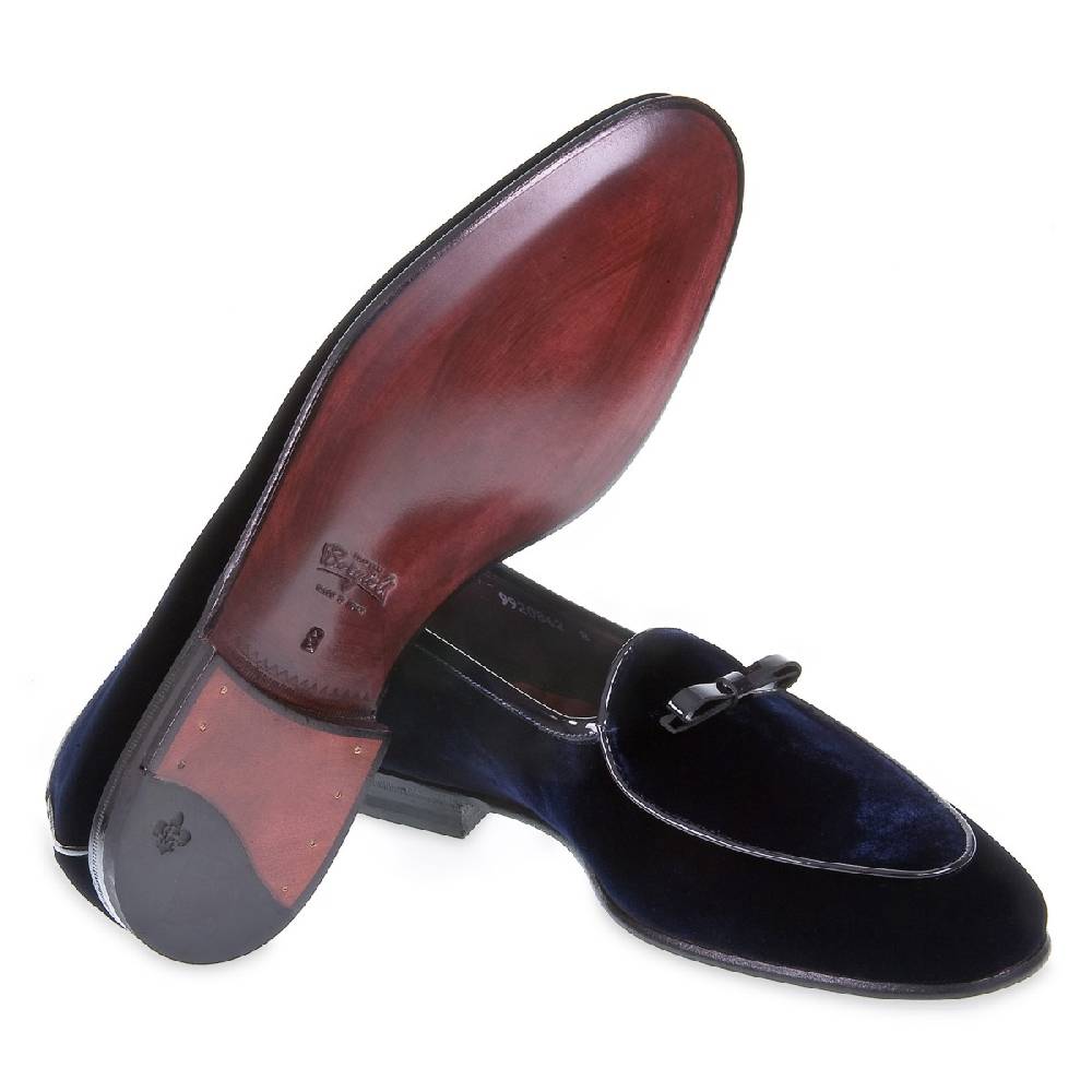 Lartigiano Del Cuoio Mocassino belga in velluto blu scuro e vernice fatto a mano da Fratelli Borgioli Promozione Limitata