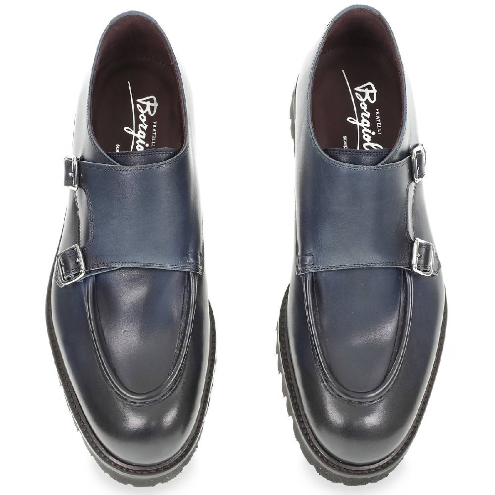 Lartigiano Del Cuoio Mocassino doppia fibbia in vitello anticato blu realizzato a mano da Fratelli Borgioli Shopping Online
