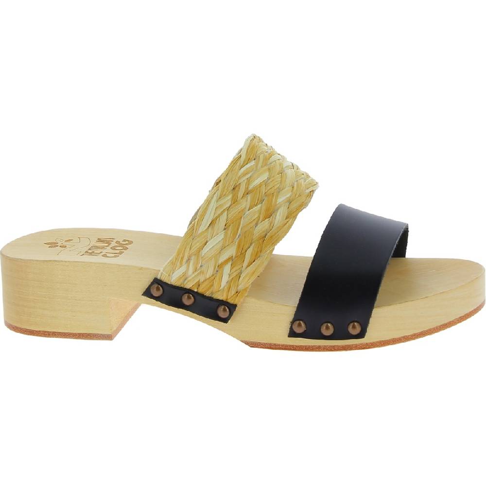 Lartigiano Del Cuoio Sabot da donna in legno artigianali con fascia in rafia e pelle nero Presa