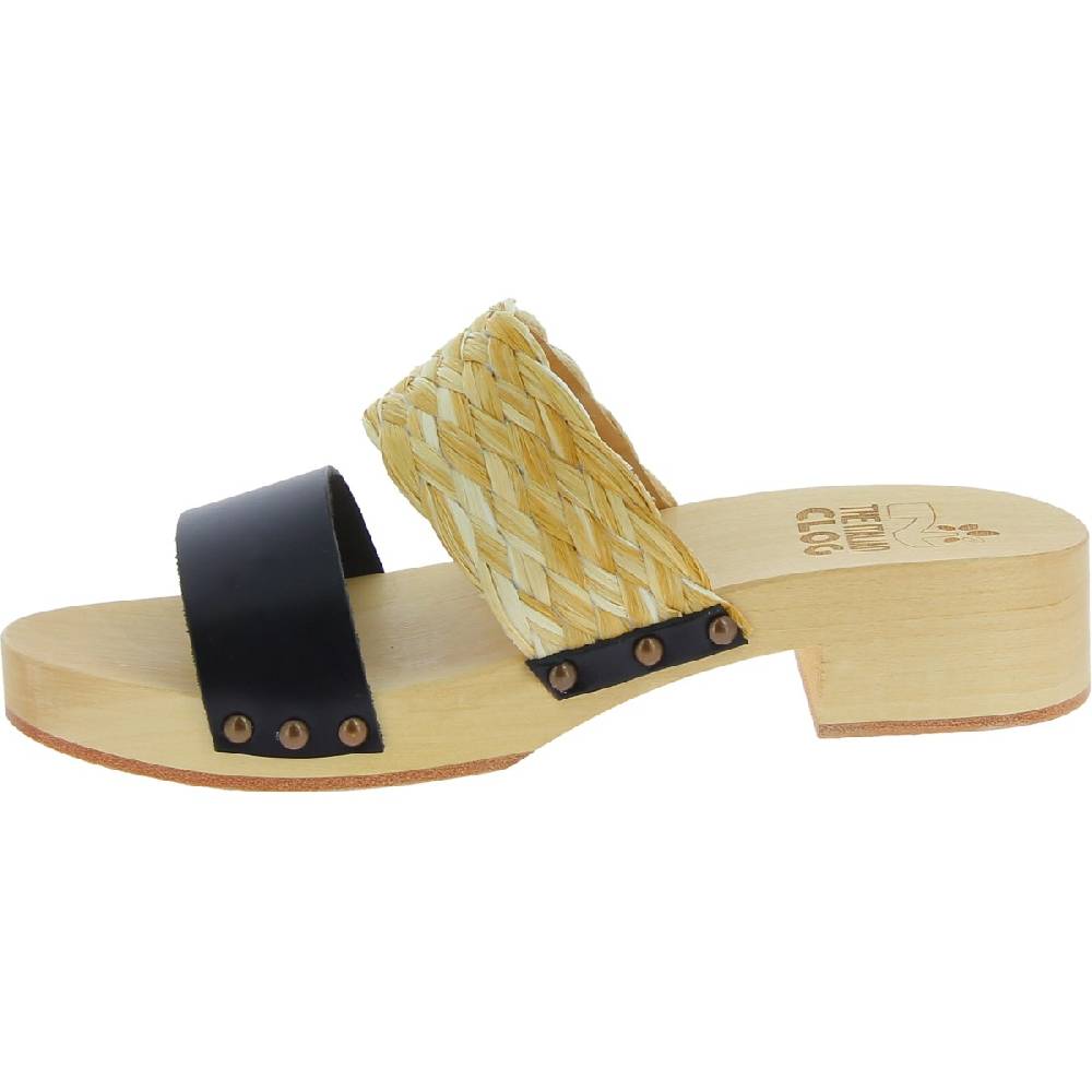 Lartigiano Del Cuoio Sabot da donna in legno artigianali con fascia in rafia e pelle nero Presa