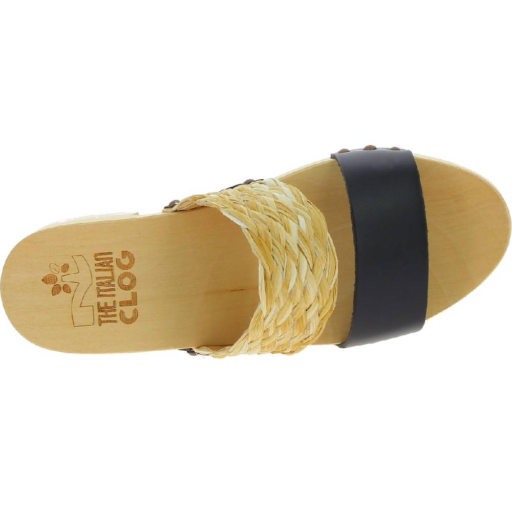 Lartigiano Del Cuoio Sabot da donna in legno artigianali con fascia in rafia e pelle nero Presa