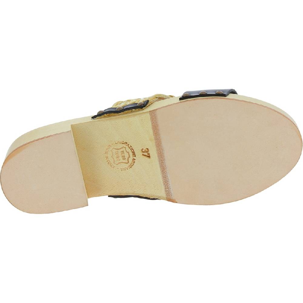 Lartigiano Del Cuoio Sabot da donna in legno artigianali con fascia in rafia e pelle nero Presa