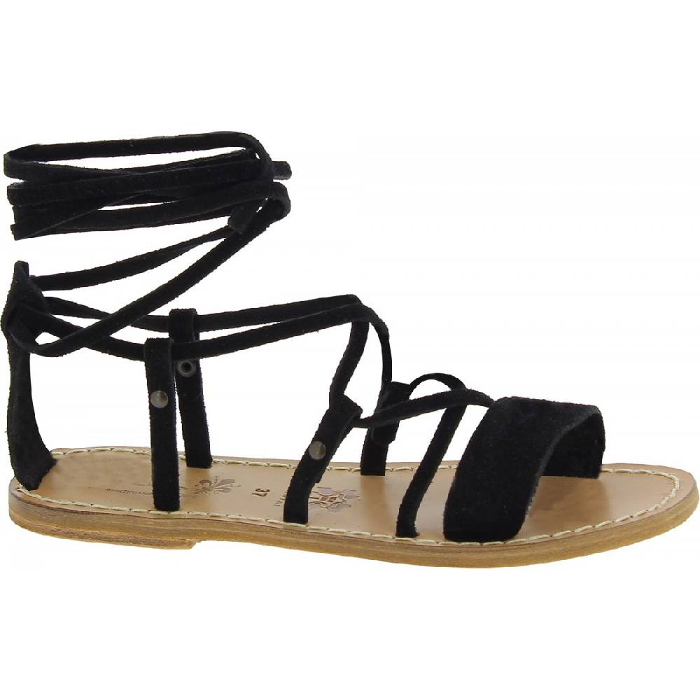 Lartigiano Del Cuoio Sandali gladiatore donna in pelle nabuk nero fatti a mano In Vendita