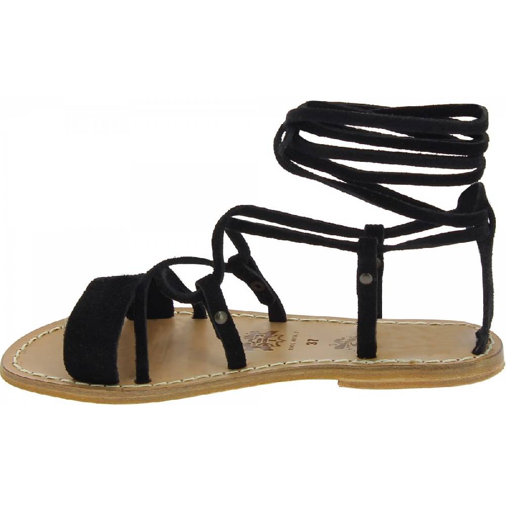 Lartigiano Del Cuoio Sandali gladiatore donna in pelle nabuk nero fatti a mano In Vendita