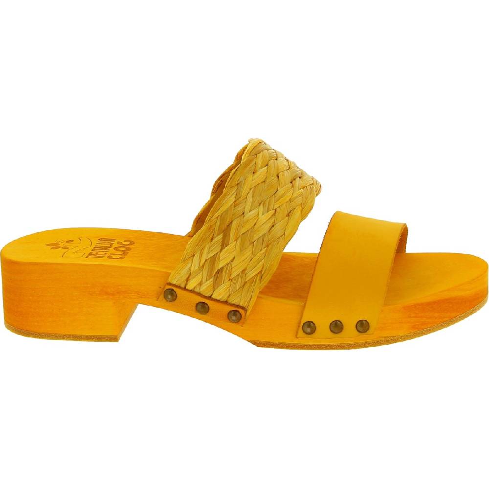 Lartigiano Del Cuoio Sabot da donna giallo in legno artigianali con fascia in rafia e pelle Saldi