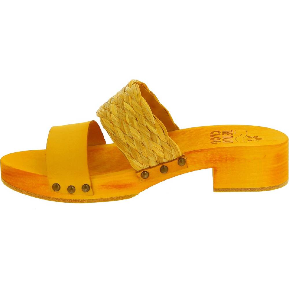 Lartigiano Del Cuoio Sabot da donna giallo in legno artigianali con fascia in rafia e pelle Saldi