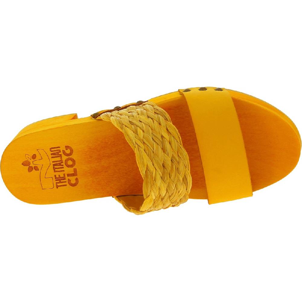 Lartigiano Del Cuoio Sabot da donna giallo in legno artigianali con fascia in rafia e pelle Saldi