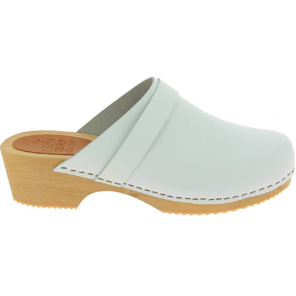 Lartigiano Del Cuoio Zoccoli in legno artigianali da donna con tomaia chiusa in pelle bianca Vendita Calda
