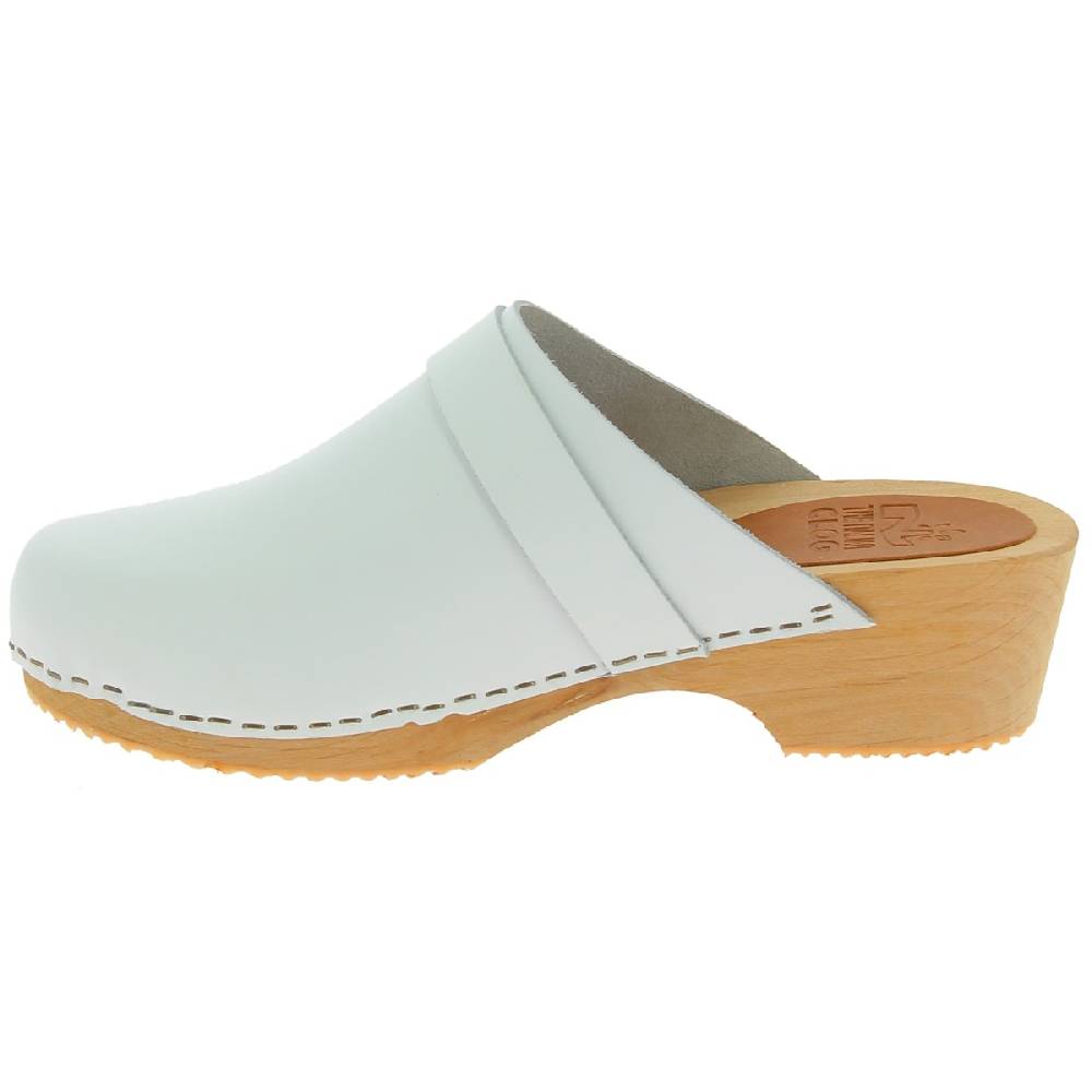Lartigiano Del Cuoio Zoccoli in legno artigianali da donna con tomaia chiusa in pelle bianca Vendita Calda