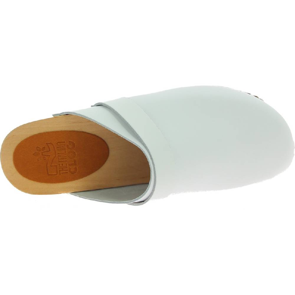Lartigiano Del Cuoio Zoccoli in legno artigianali da donna con tomaia chiusa in pelle bianca Vendita Calda