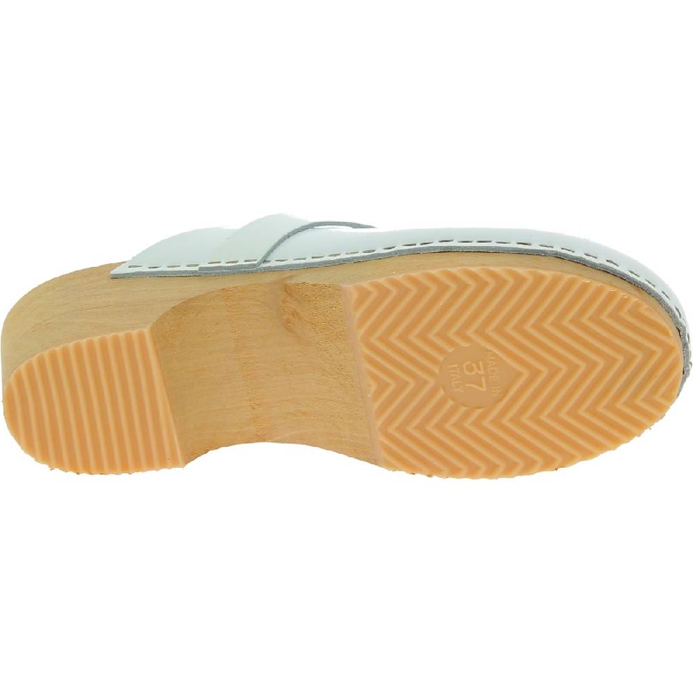 Lartigiano Del Cuoio Zoccoli in legno artigianali da donna con tomaia chiusa in pelle bianca Vendita Calda