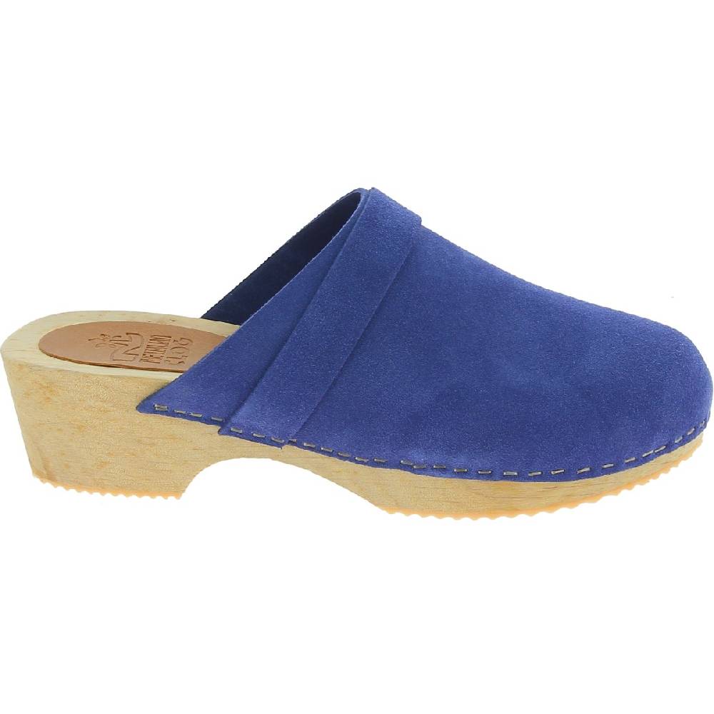 Lartigiano Del Cuoio Zoccoli in legno da donna con tomaia chiusa in pelle scamosciata blu Vendita Economica