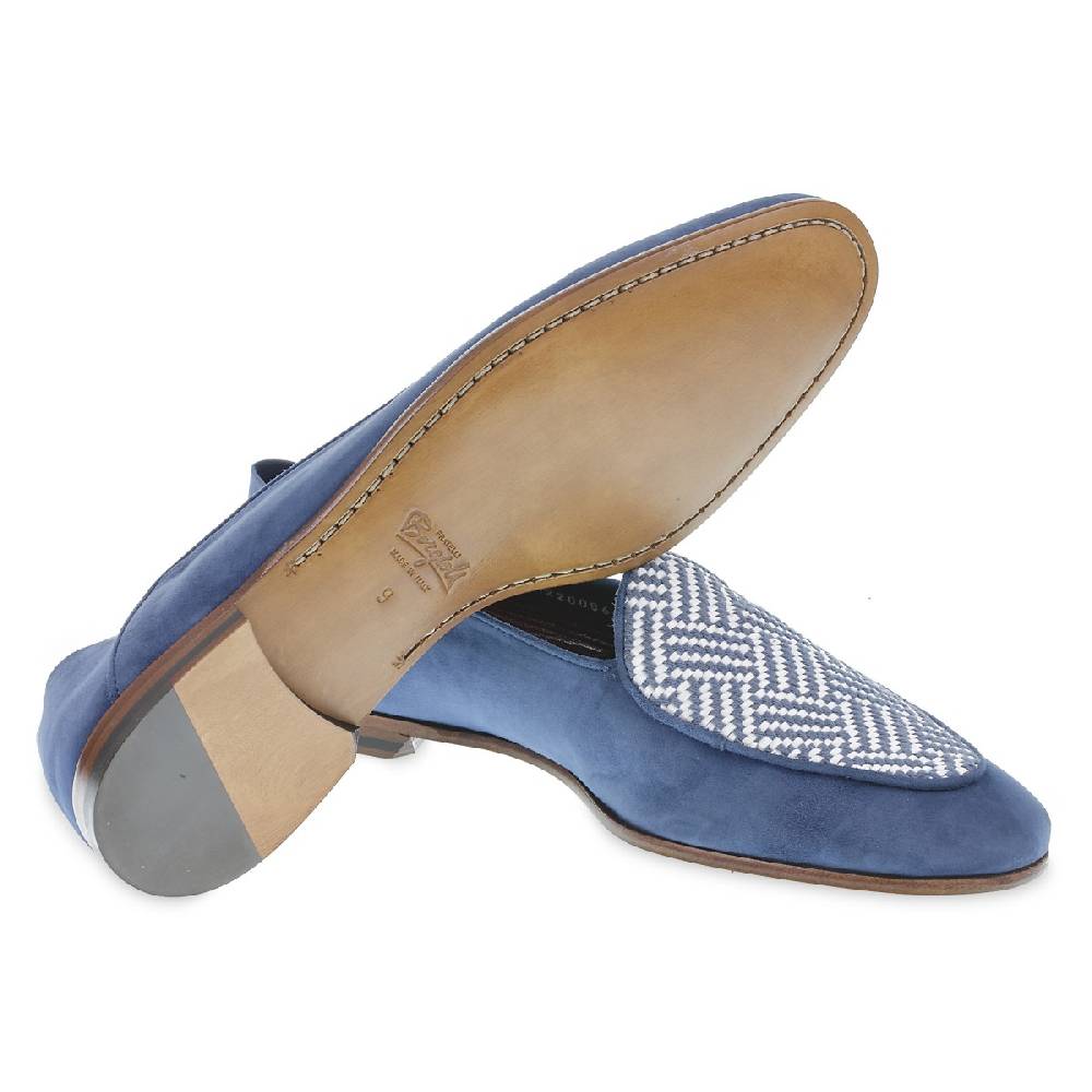 Lartigiano Del Cuoio Mocassino in camoscio azzurro e tessuto intrecciato fatto a mano Vendita