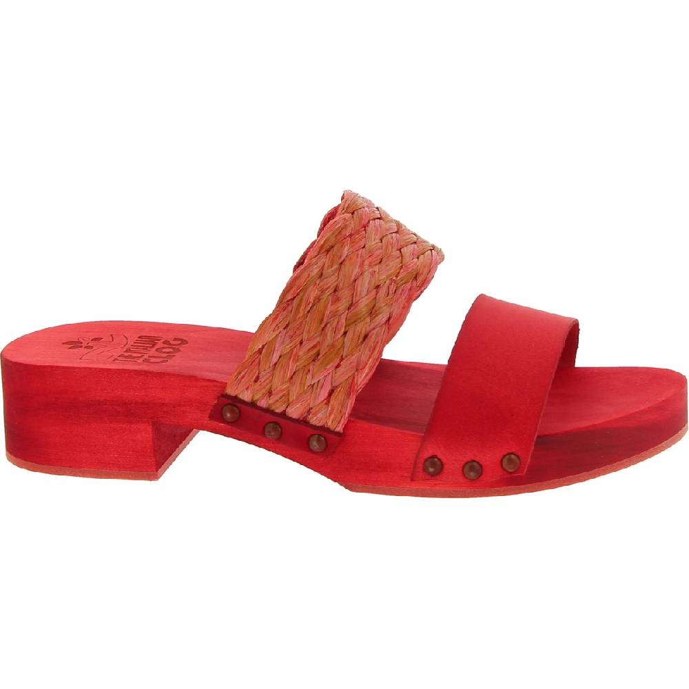 Lartigiano Del Cuoio Sabot da donna rosso in legno artigianali con fascia in rafia e pelle Novità