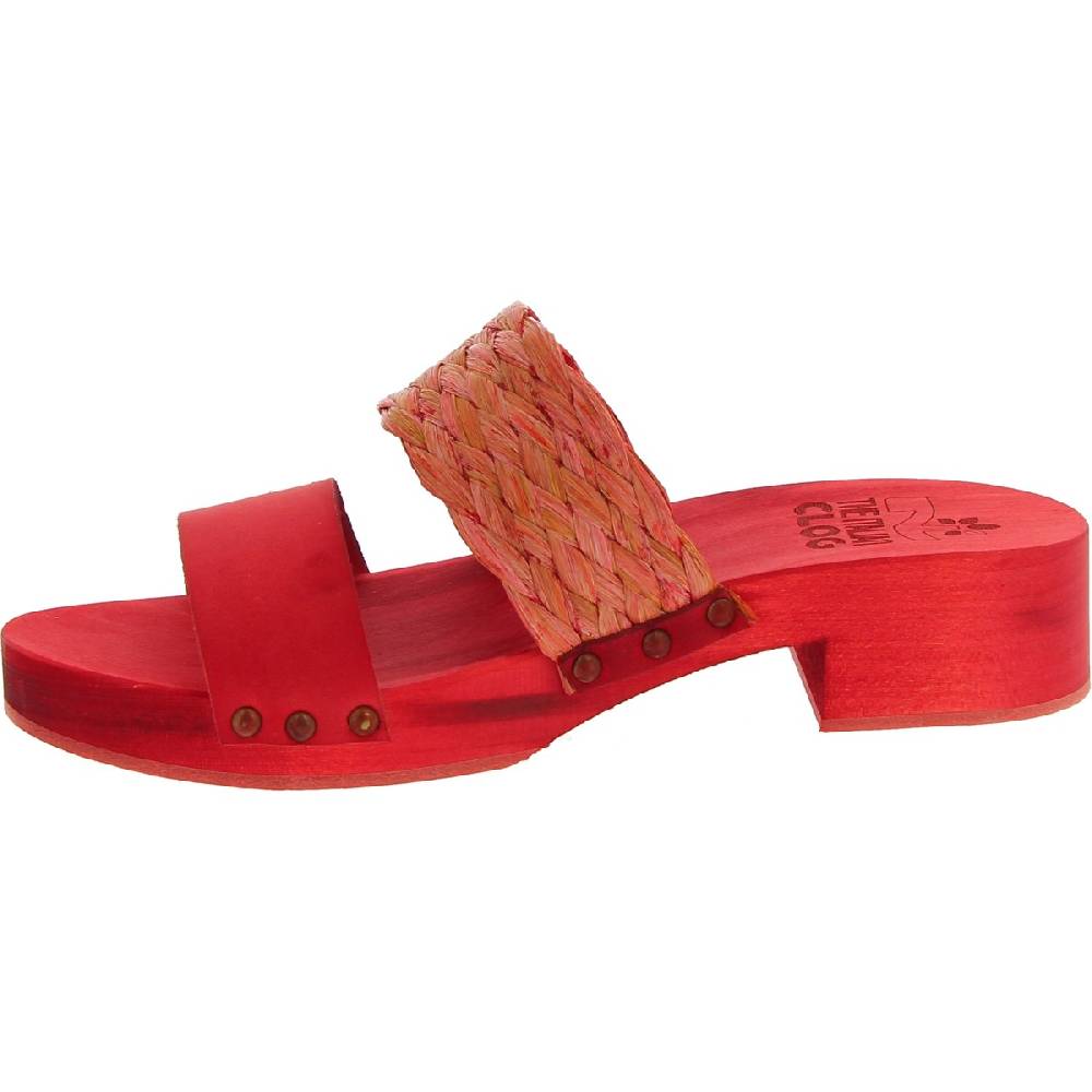 Lartigiano Del Cuoio Sabot da donna rosso in legno artigianali con fascia in rafia e pelle Novità