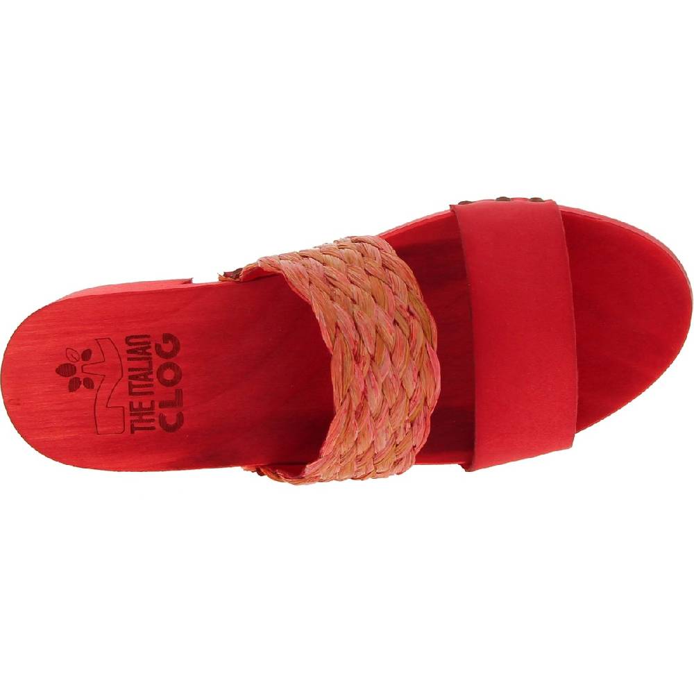 Lartigiano Del Cuoio Sabot da donna rosso in legno artigianali con fascia in rafia e pelle Novità
