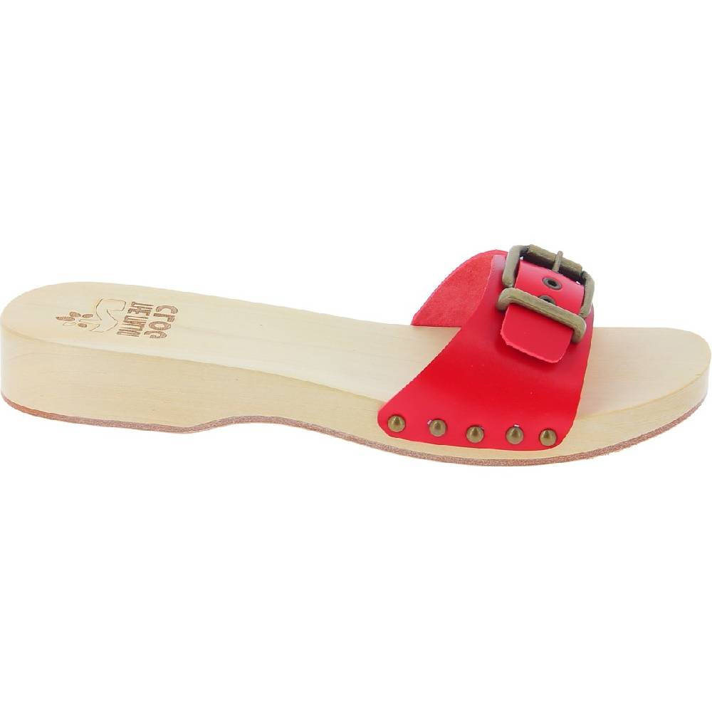 Lartigiano Del Cuoio Zoccoli di legno artigianali da donna con fascia regolabile in pelle rossa In Vendita