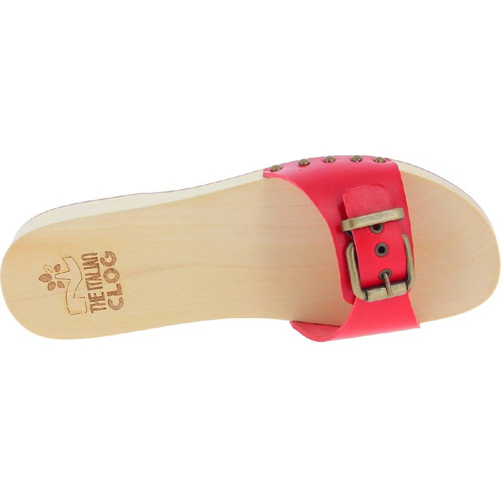 Lartigiano Del Cuoio Zoccoli di legno artigianali da donna con fascia regolabile in pelle rossa In Vendita