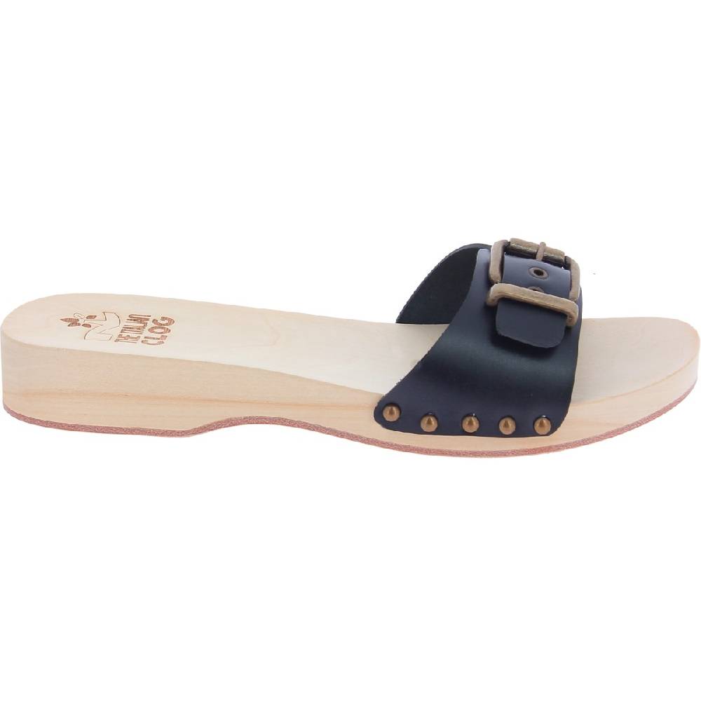 Lartigiano Del Cuoio Zoccoli di legno artigianali da donna con fascia regolabile in pelle nera Offerte