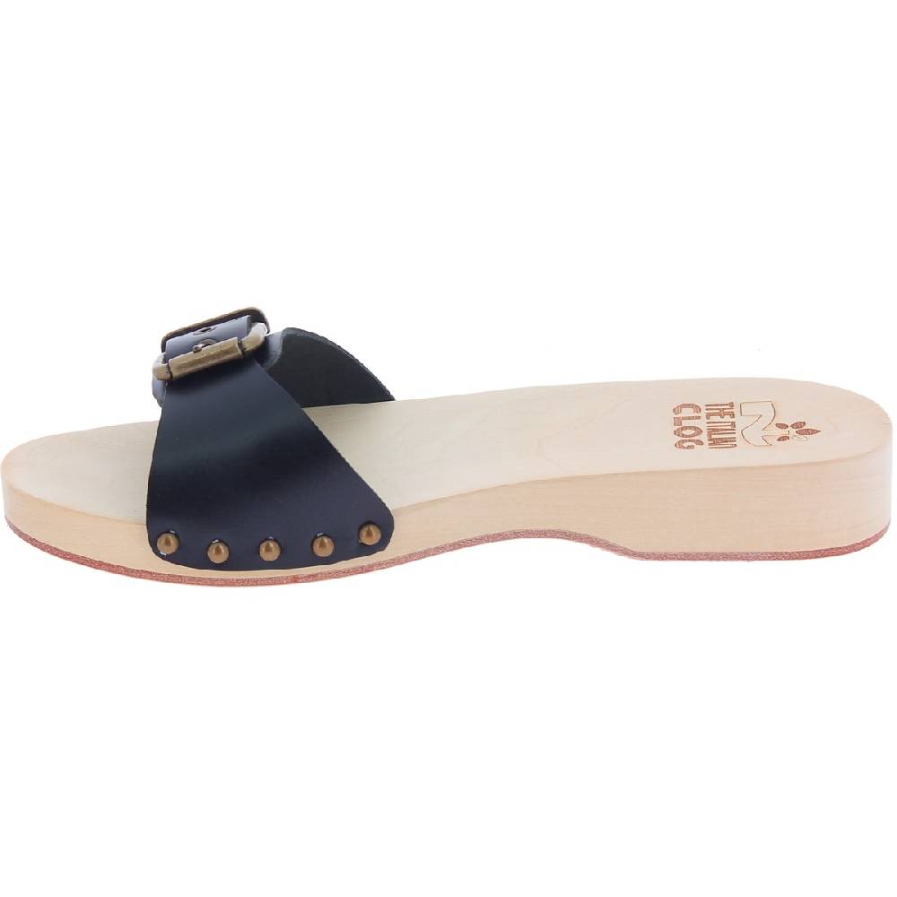 Lartigiano Del Cuoio Zoccoli di legno artigianali da donna con fascia regolabile in pelle nera Offerte