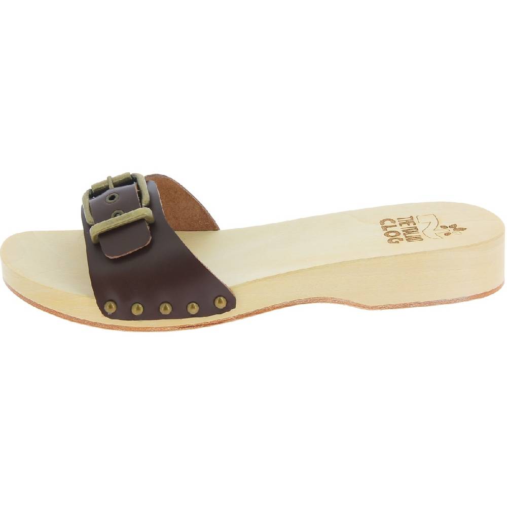 Lartigiano Del Cuoio Zoccoli in legno donna con fascia regolabile in pelle marrone scuro I Più Venduti
