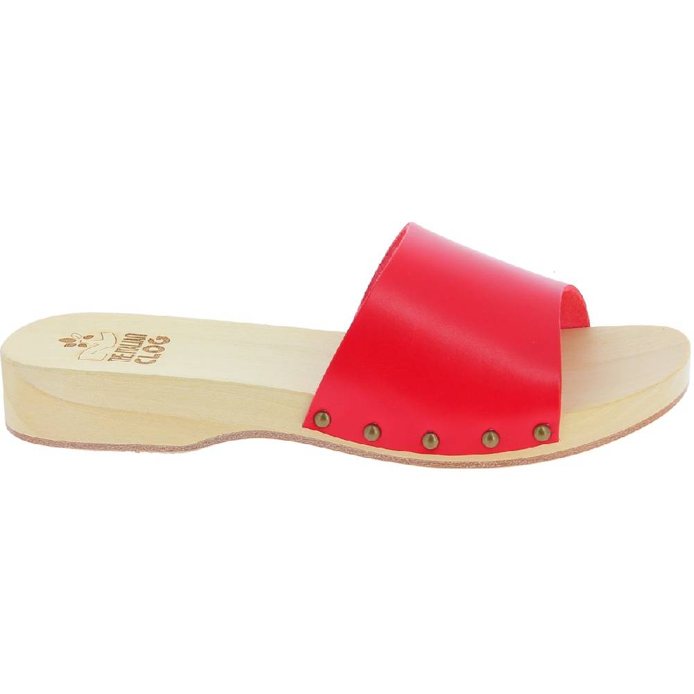 Lartigiano Del Cuoio Zoccoli di legno uomo con fascia larga in pelle rossa artigianali Vendita